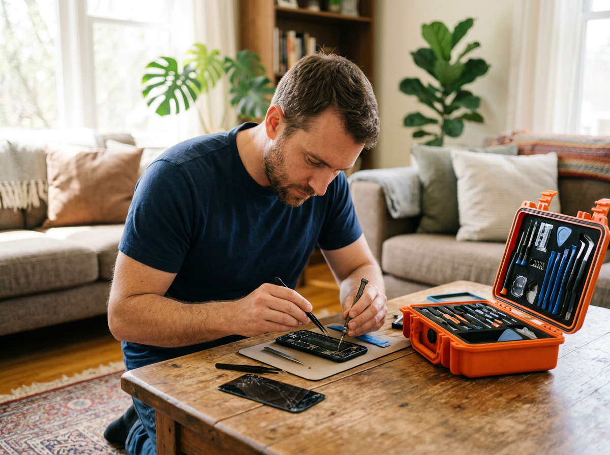 Image générée : un technicien remplace un écran sur une table basse, avec une pince et une boîte à outils orange.