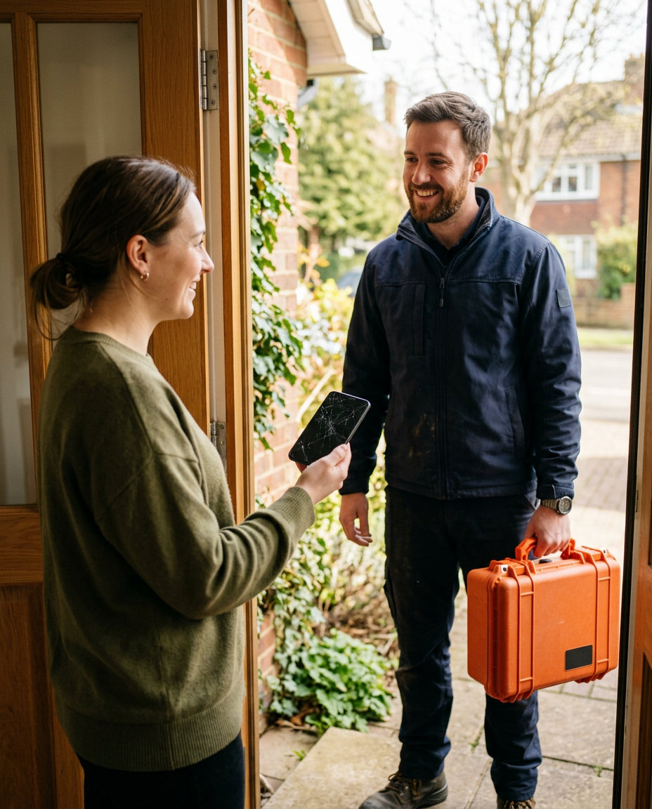 Image générée : une cliente remet un téléphone cassé à un technicien souriant, devant sa porte, près d’une boîte à outils orange.
