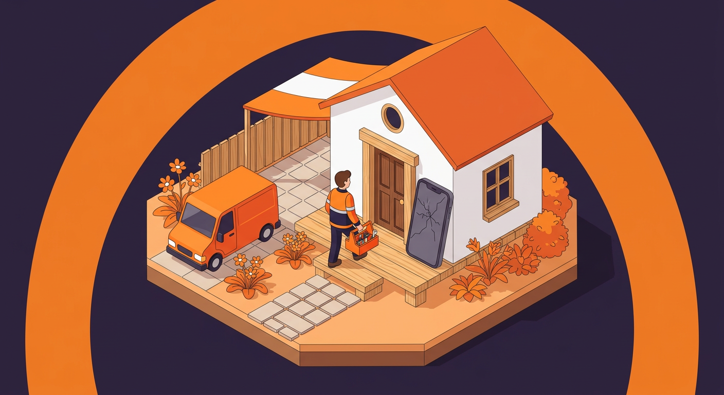 Illustration : un technicien en veste orange arrive devant une maison avec sa boîte à outils. Téléphone cassé et camionnette orange.