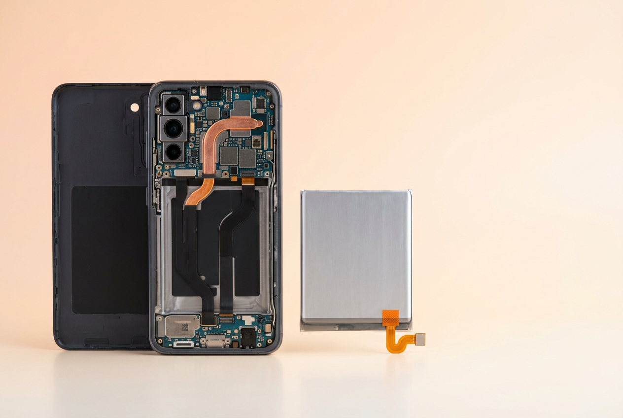 Image générée : un téléphone Samsung ouvert à côté de sa batterie retirée, sur un fond pêche.