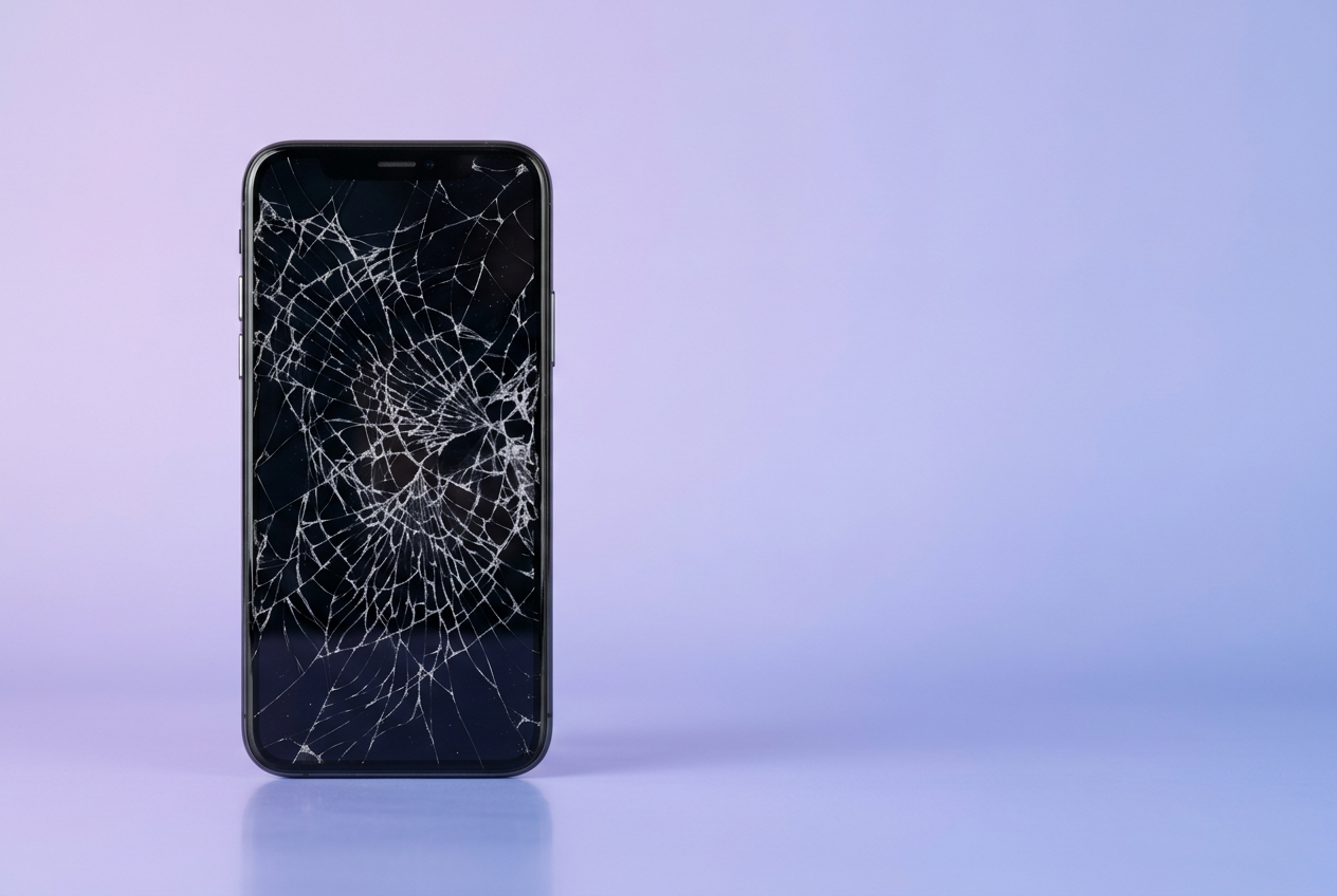 Image générée : un iPhone à l’écran brisé sur un fond lilas.
