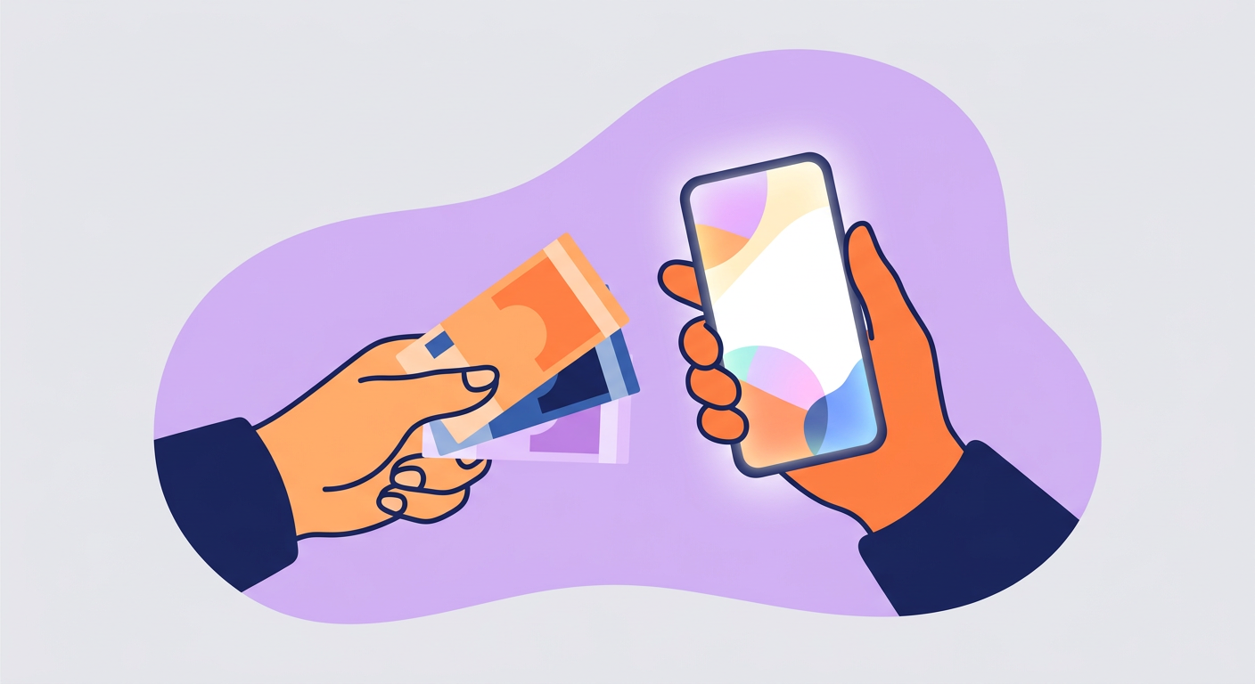 Illustration : une main remet des billets et une autre tient un téléphone qui fonctionne.