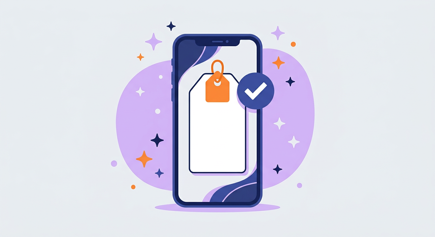Illustration : un téléphone affiche une étiquette de prix avec une coche.