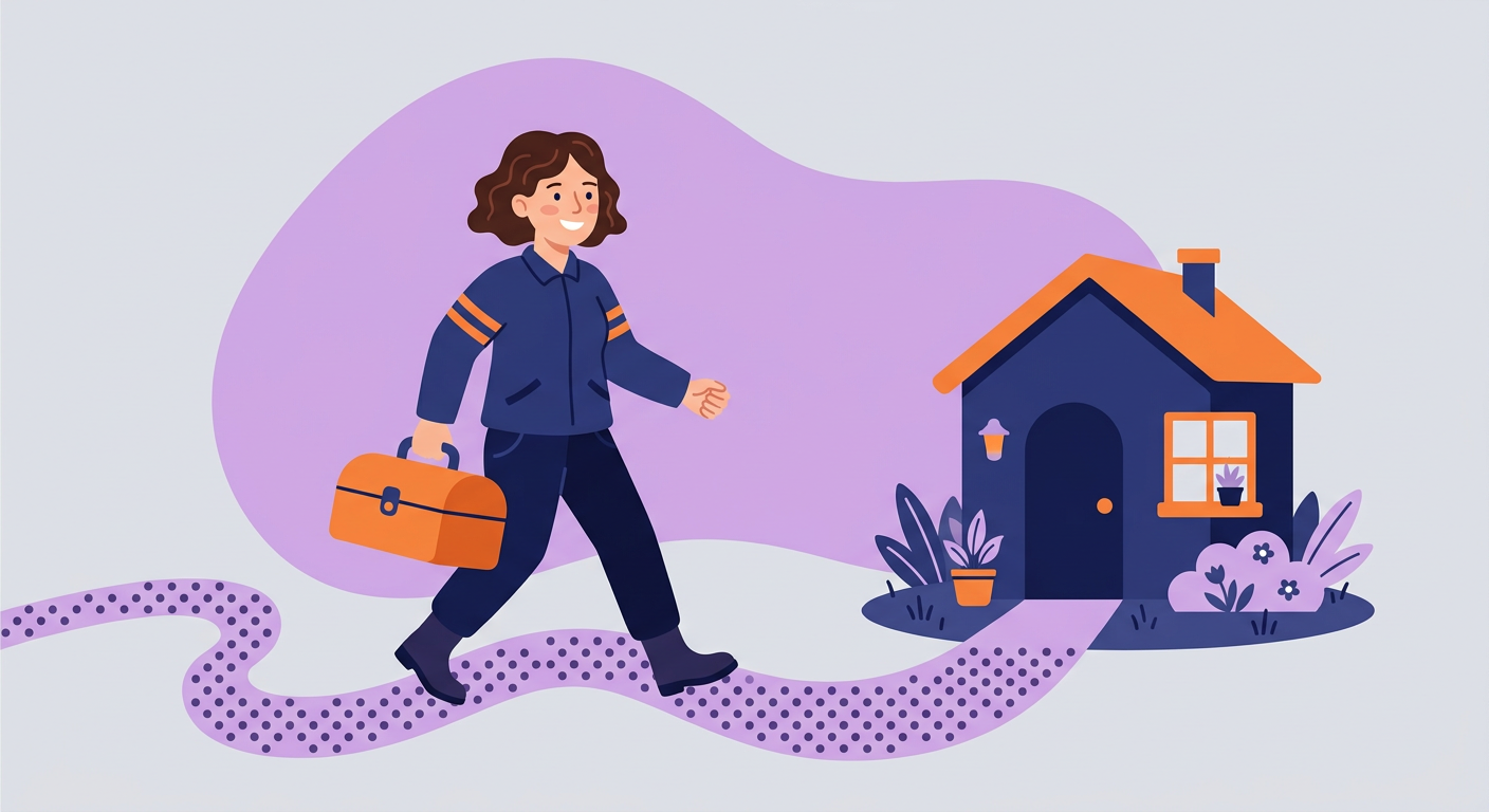 Illustration : un technicien suit un chemin en pointillés vers une maison, avec une boîte à outils orange.